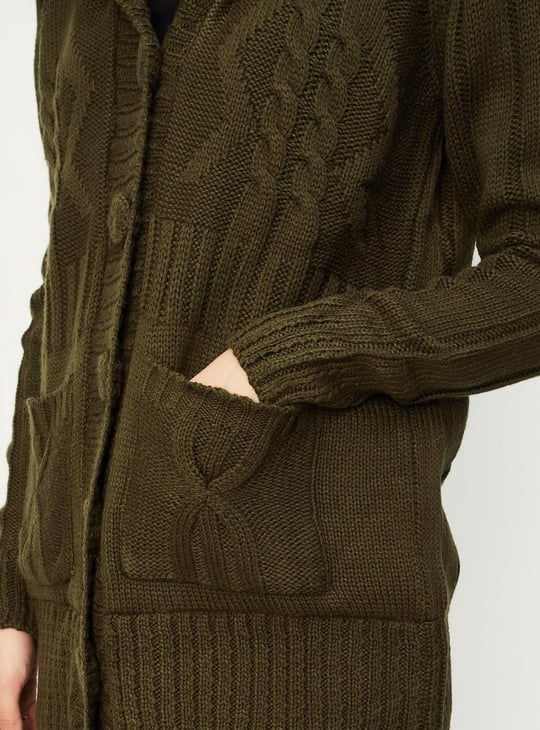 Women Cable Knit Hooded Cardigan