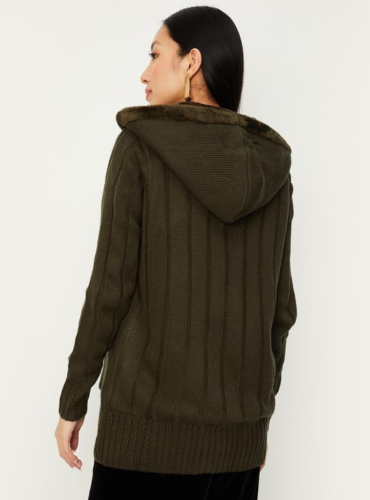 Women Cable Knit Hooded Cardigan