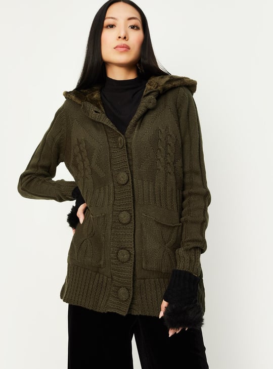 Women Cable Knit Hooded Cardigan