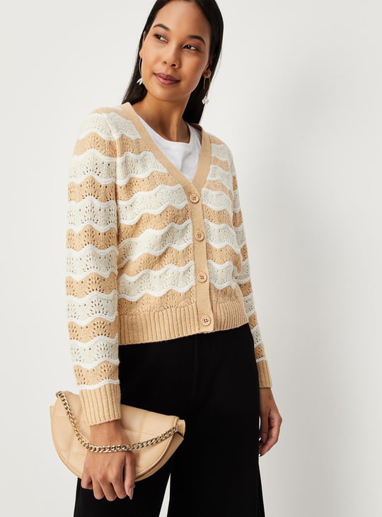 Women Striped Cable-Knit Cardigan