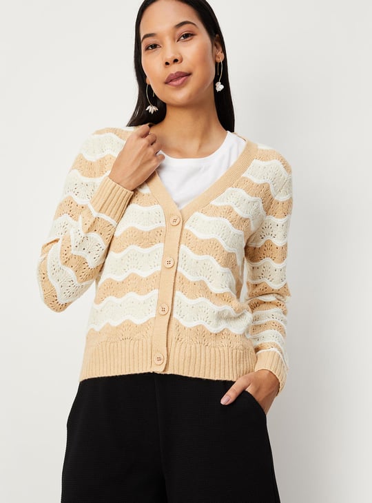 Women Striped Cable-Knit Cardigan