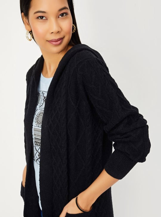 Women Cable Knit Hooded Cardigan