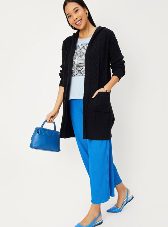 Women Cable Knit Hooded Cardigan