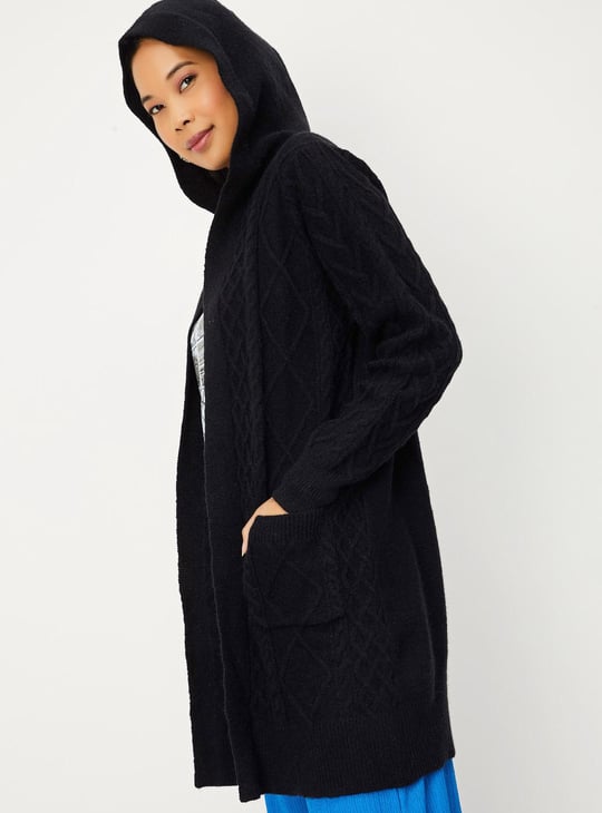 Women Cable Knit Hooded Cardigan