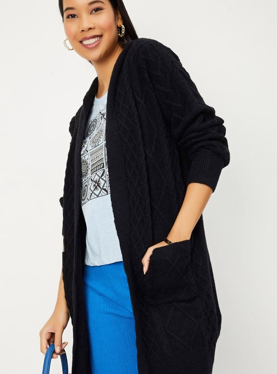 Women Cable Knit Hooded Cardigan