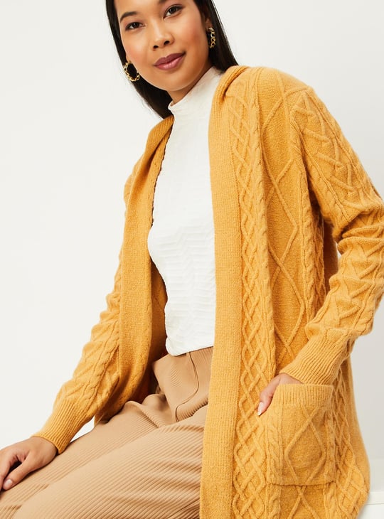 Women Cable Knit Hooded Cardigan