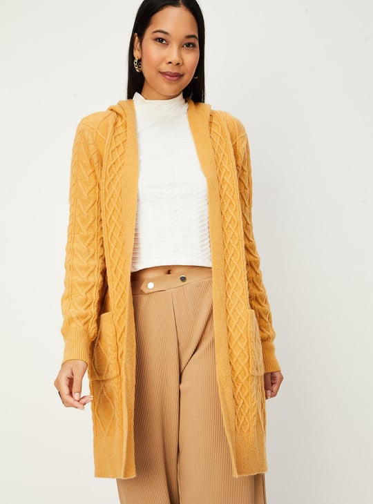 Women Cable Knit Hooded Cardigan