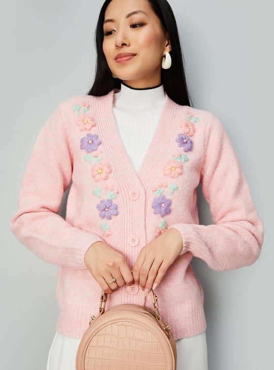 Women Floral Embroidered Knit Cardigan