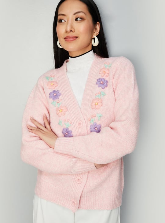 Women Floral Embroidered Knit Cardigan