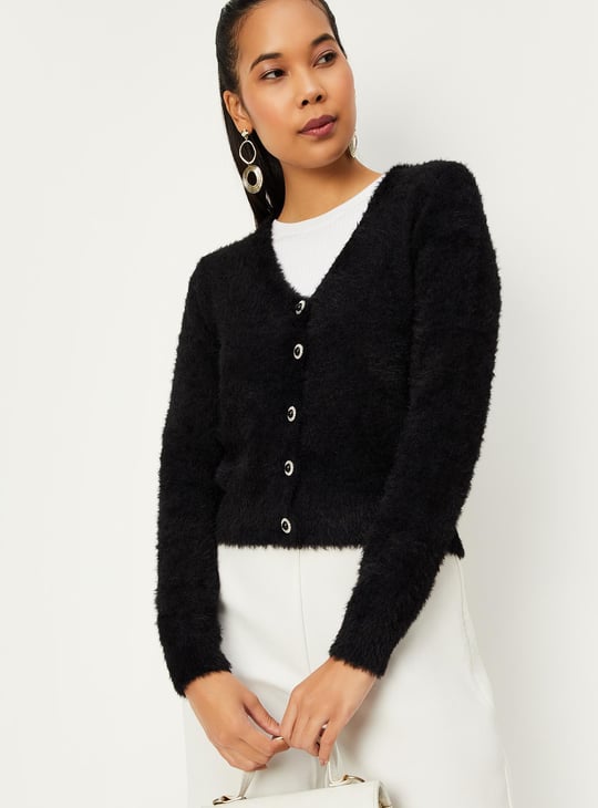 Women Fur Cardigan with Embellished Button