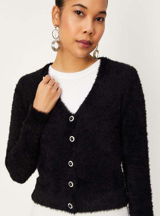 Women Fur Cardigan with Embellished Button