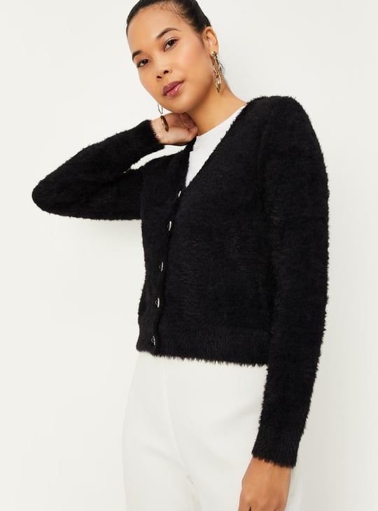 Women Fur Cardigan with Embellished Button