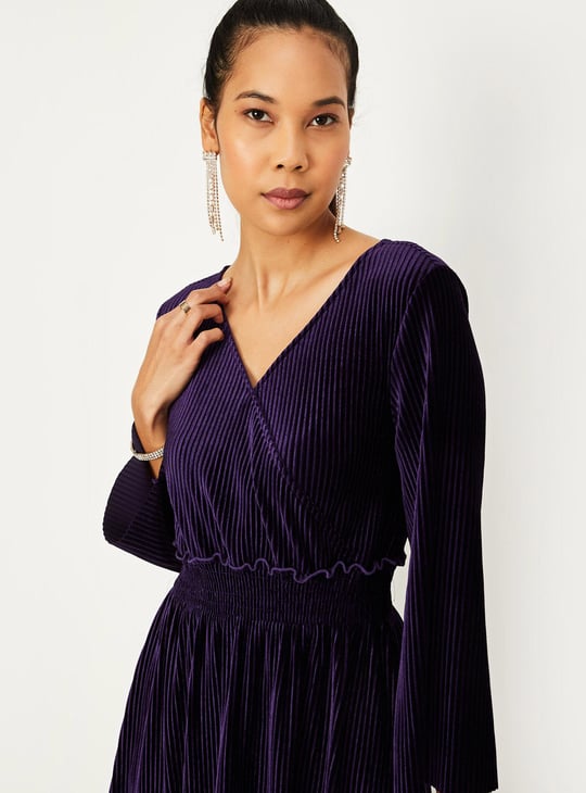 Women Velvet Pleated Dress Purple Midi Dress