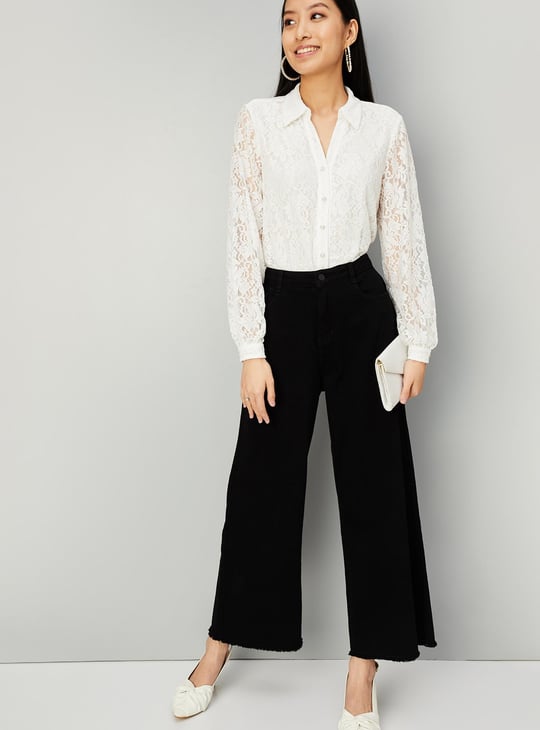 Women Pearl Button Lace Blouse