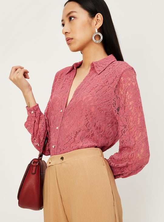 Women Pearl Button Lace Blouse
