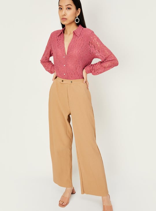 Women Pearl Button Lace Blouse