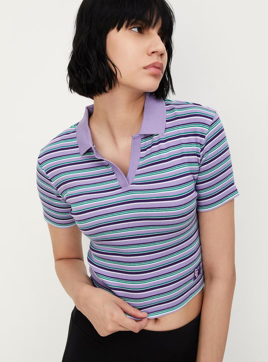 Women Striped Crop Polo T-shirt