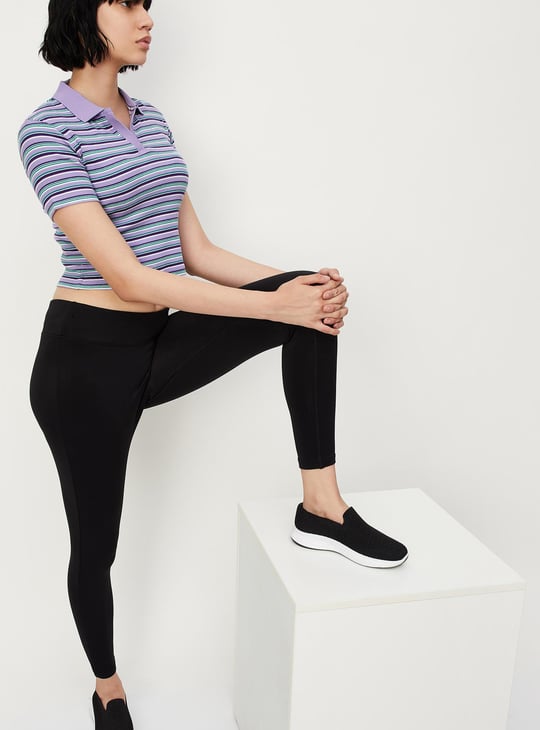 Women Striped Crop Polo T-shirt