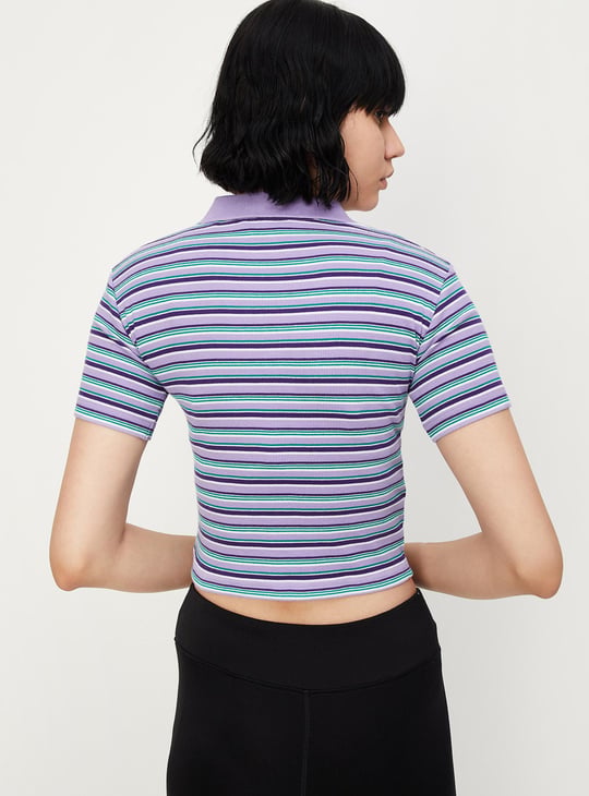Women Striped Crop Polo T-shirt