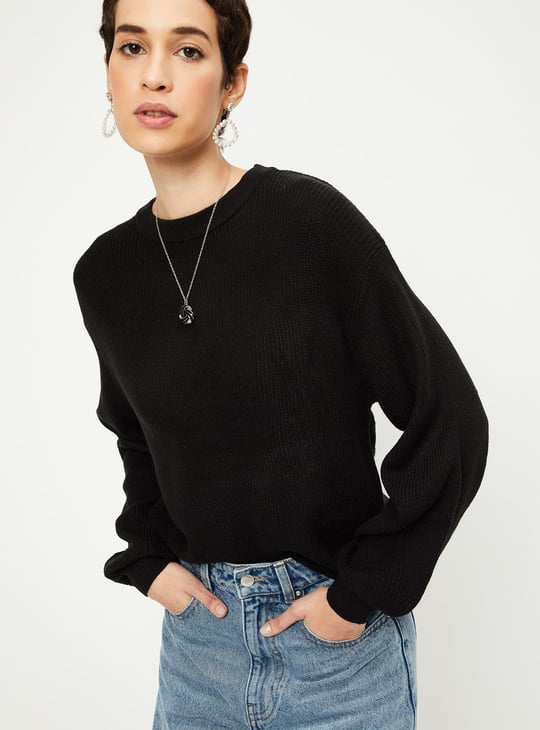 Women Knitted Lightweight Sweater Black Textured