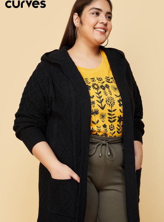 Women Cable Knit Hooded Cardigan Black Cardigans