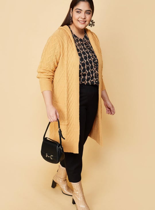 Women Cable Knit Hooded Cardigan