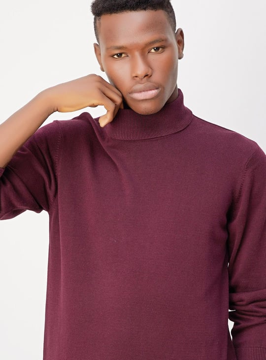 Men Knitted Turtle Neck Sweater Maroon - Main Image