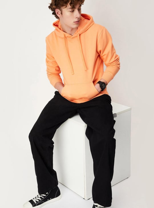 Men Solid Hooded Sweatshirt Orange Solid