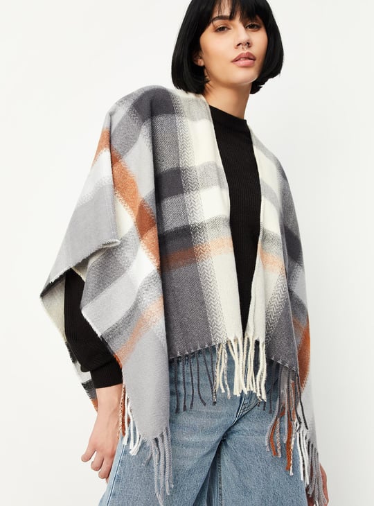 Women Checked Cape Shawl