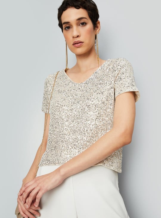 Women Sequinned V-neck Top