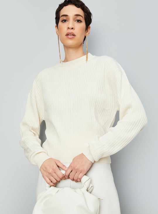 Women Knitted Ribbed Hem Sweater