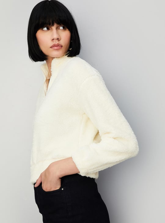 Women Textured Stand Collar Sweatshirt