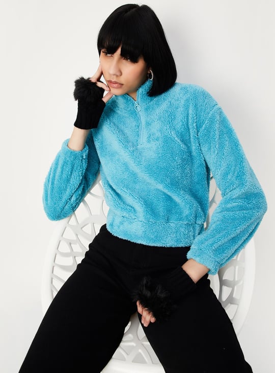 Women Textured Stand Collar Sweatshirt