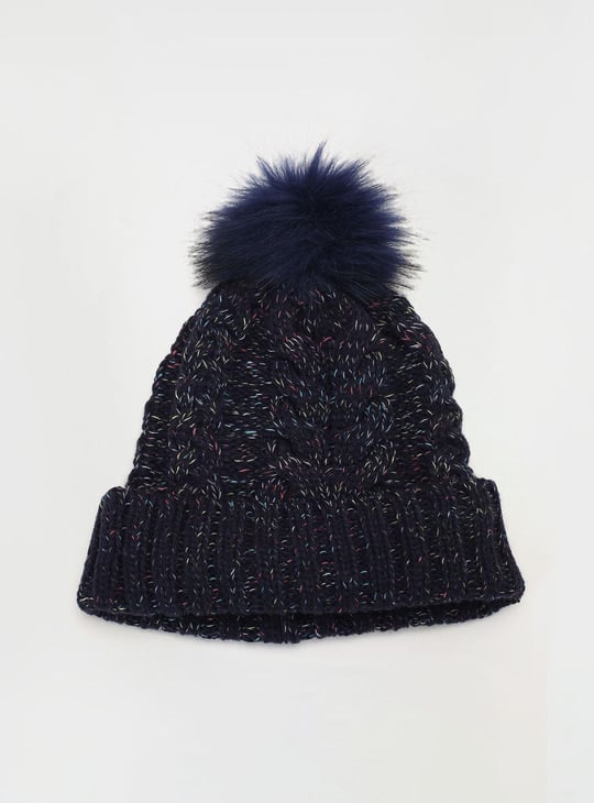 Women Cable Knit Beanie with Pom-Pom Detail Blue Knitted