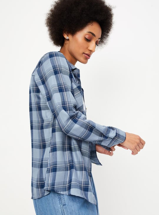 Women Plaid Checked Shirt with Double Pockets Blue Checked