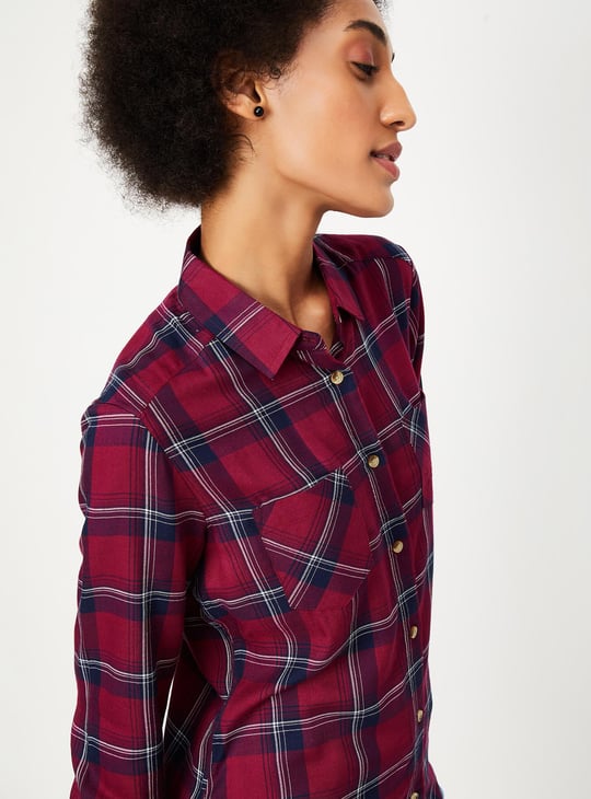 Women Plaid Checked Shirt with Double Pockets