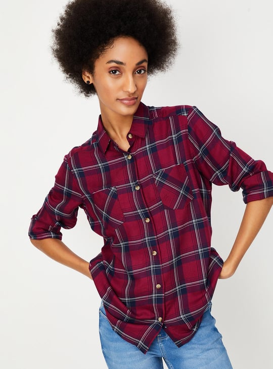 Women Plaid Checked Shirt with Double Pockets