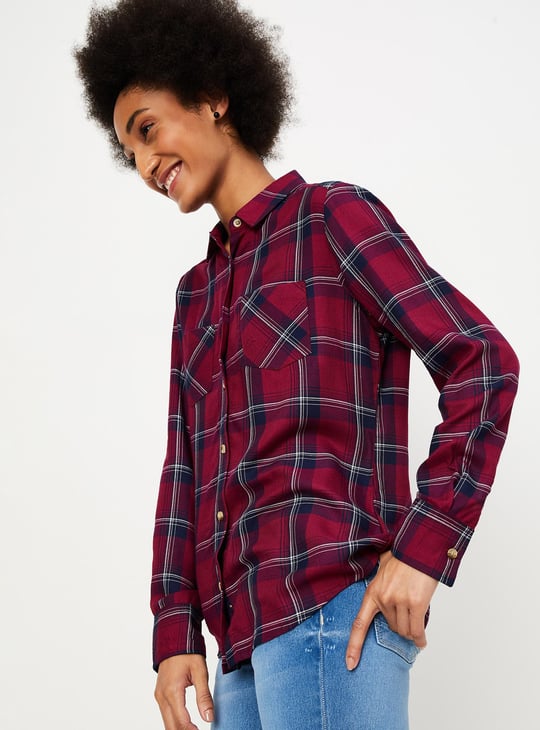Women Plaid Checked Shirt with Double Pockets