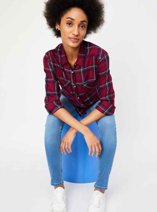Women Plaid Checked Shirt with Double Pockets