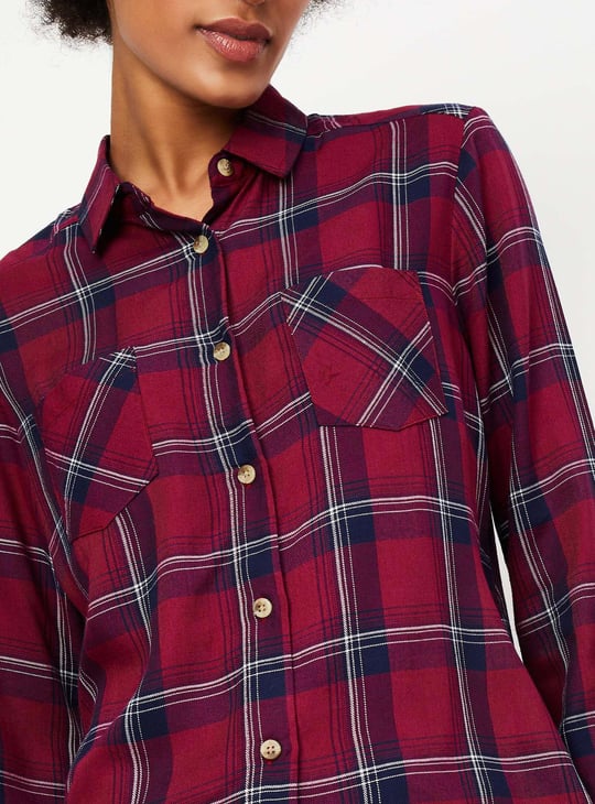 Women Plaid Checked Shirt with Double Pockets