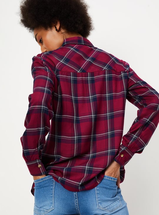 Women Plaid Checked Shirt with Double Pockets