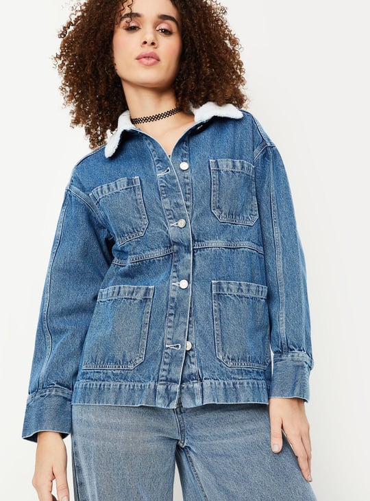 Women Denim Jacket with Teddy Collar