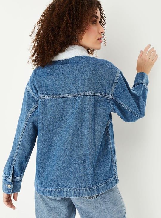 Women Denim Jacket with Teddy Collar