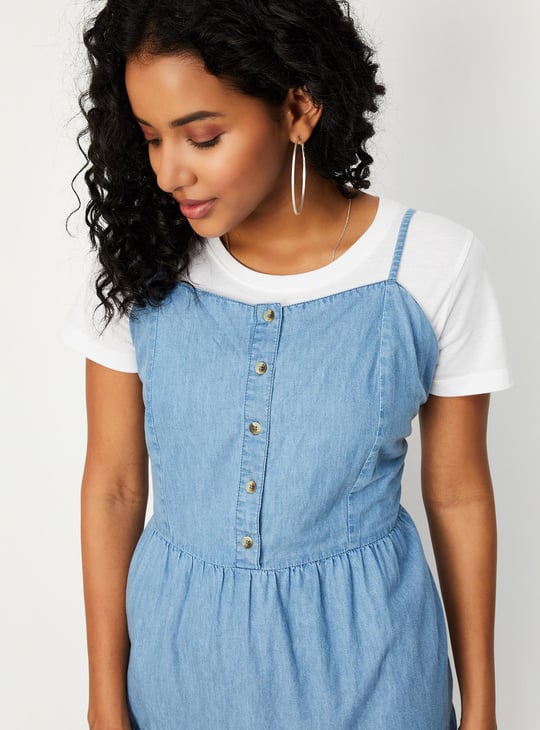 Women Pinafore Denim Dress with T-shirt