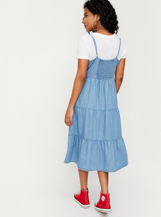 Women Pinafore Denim Dress with T-shirt