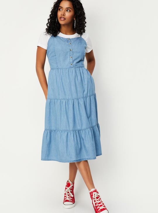 Women Pinafore Denim Dress with T-shirt