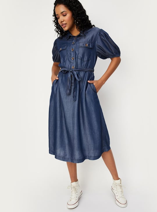Women Tie-Up Waist Denim Dress