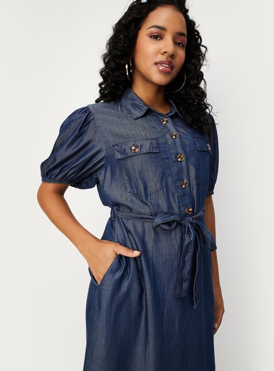 Women Tie-Up Waist Denim Dress