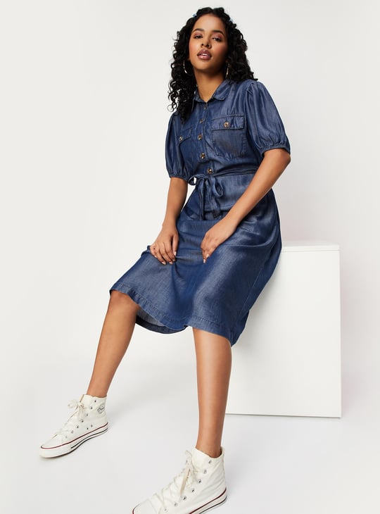 Women Tie-Up Waist Denim Dress