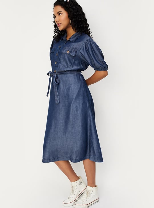 Women Tie-Up Waist Denim Dress